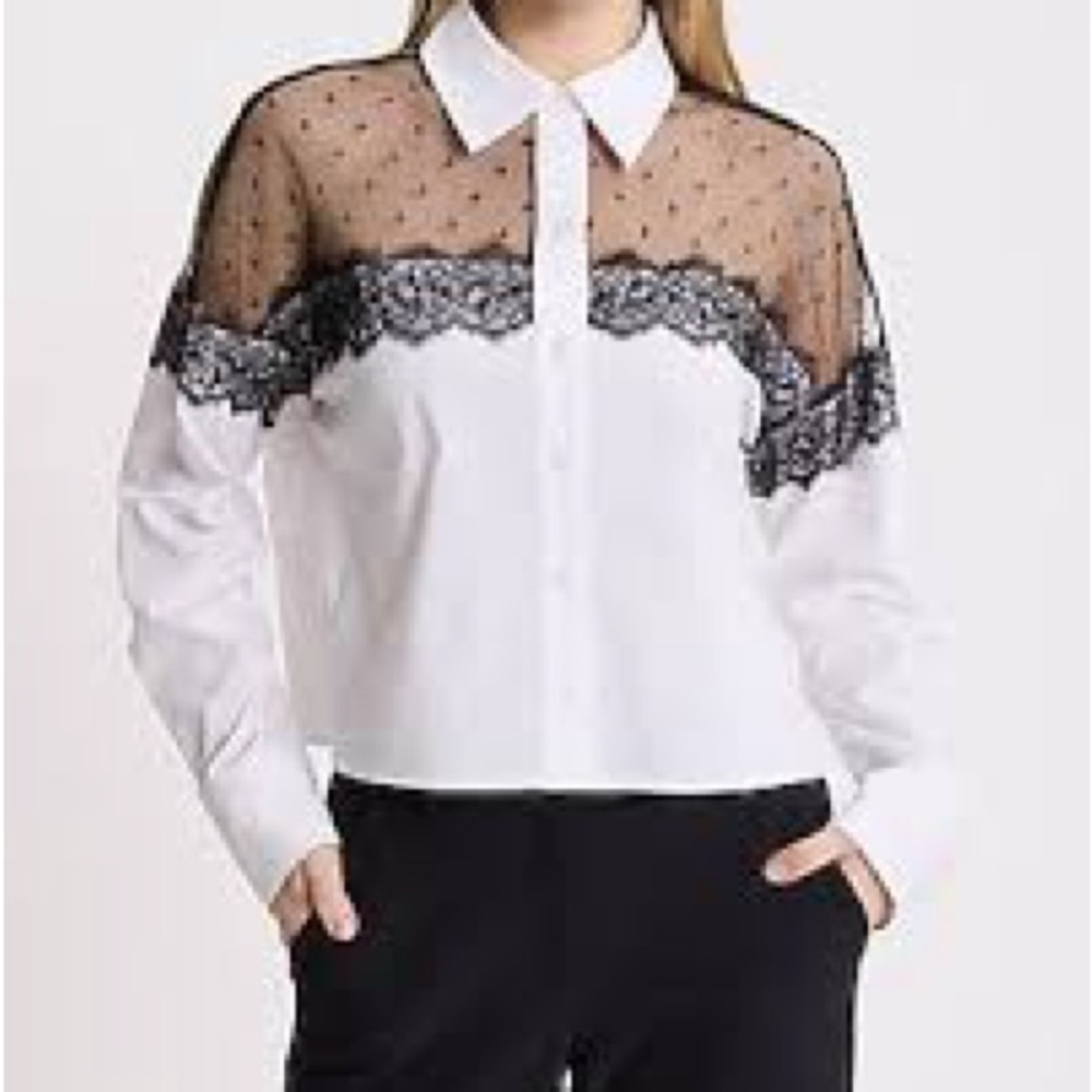Express White Blouse with Black Lace Overlay